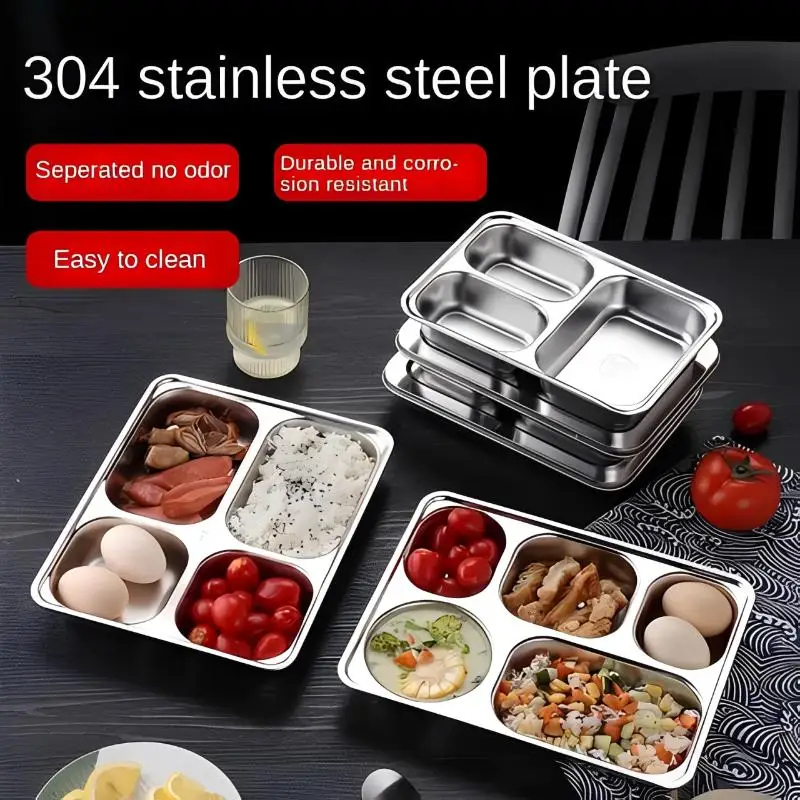 304 Stainless Steel Partitioned Dinner Plate Thick Compartmentalized Tray For Lunch Dinner Daily Dinnerware Use