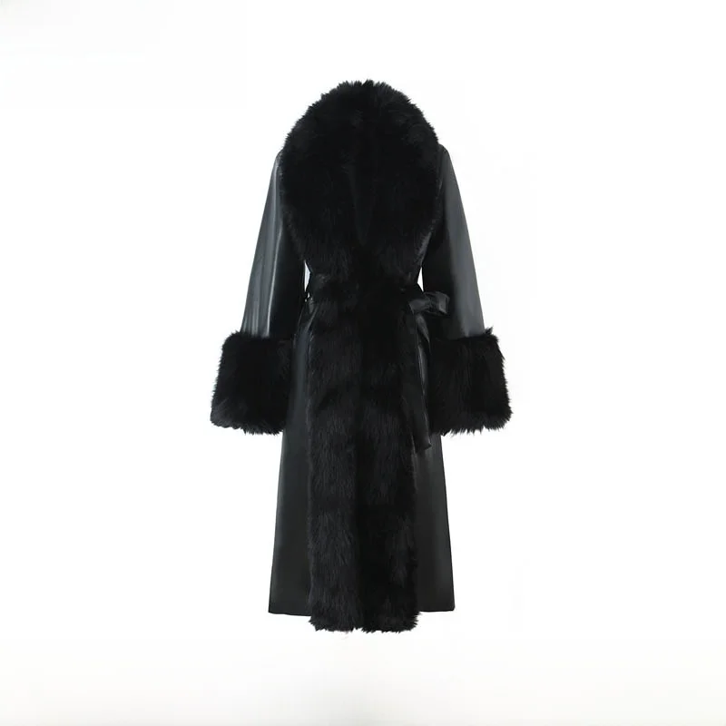 Fashionable Street Style Women's Coat Warm Polyester Fiber Long Sleeve Mid-Length Large Fur Collar Leather Jacket New Arrival