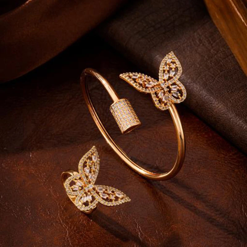

LuckyShine Hot Sale Jewelry Set Gift Butterfly Cubic Zirconia Gemstone Gold Plated Adjustable Rings Bangles