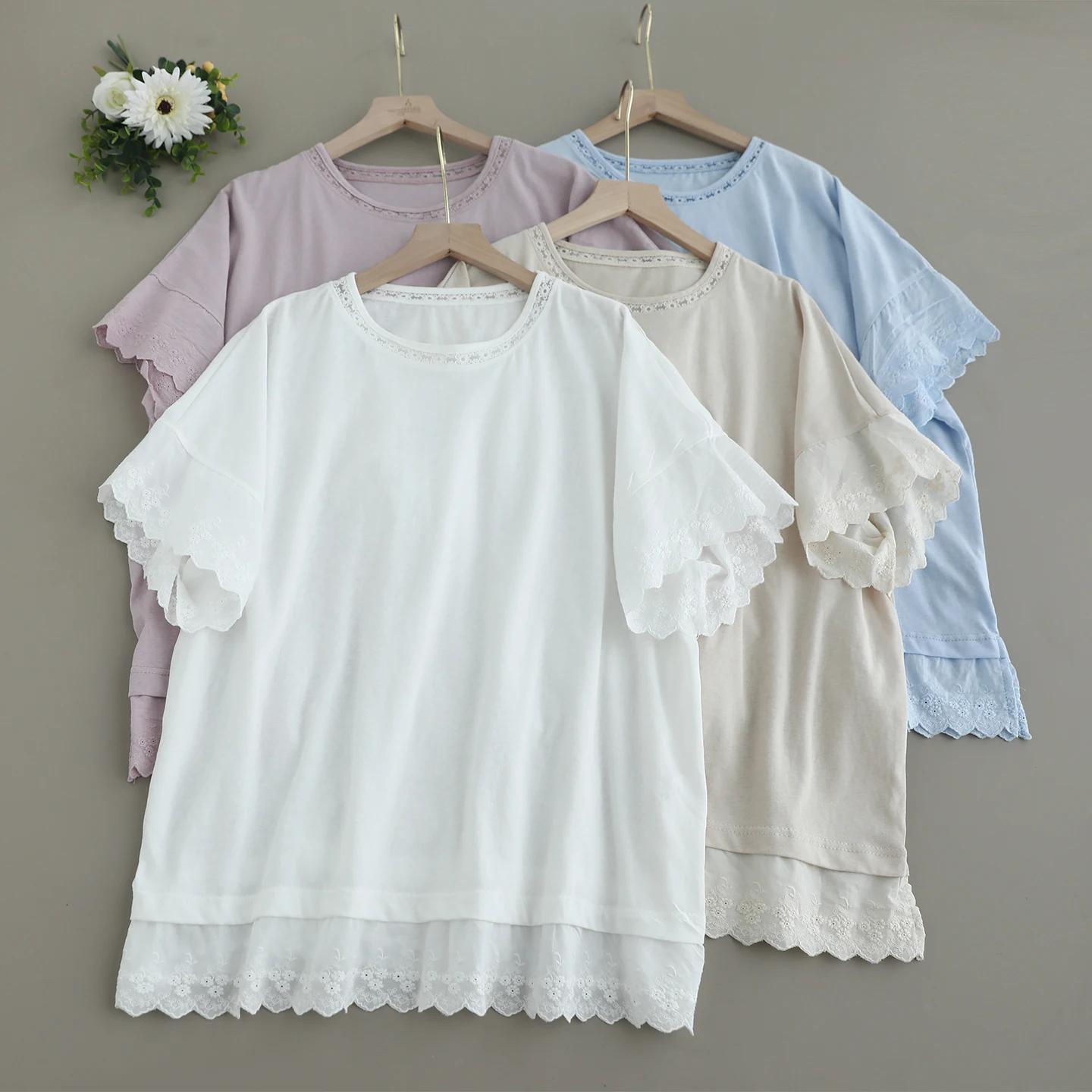 

Japanese Sweet Mori Girl Solid Color Embroidery Patchwork Cotton T-Shirts Women Summer O-Neck Short Sleeve Casual Loose Tops
