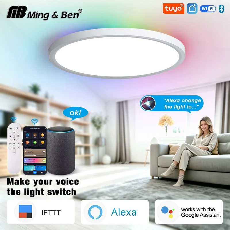 TUYA Smart Deckenleuchte 0,98 Zoll Ultra-Dünn RGB Dimmbar APP Fernbedienung Sprachsteuerung Alexa Google für Heimbeleuchtung Deko Ambiente-Lampe
