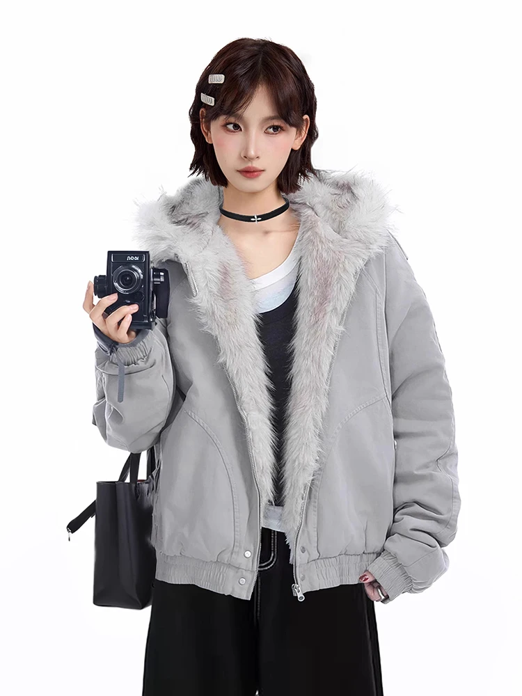 Vintage Zipper Hooded Cotton Jacket Autumn Winter Korean Style Loose Jacket Fashionable Faux Fur Collar Cotton Coat