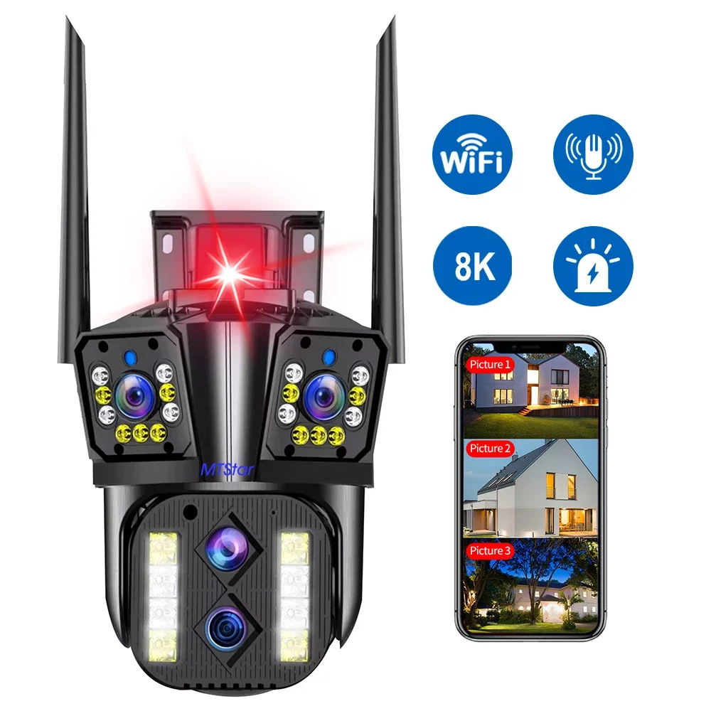 

Anxinshi IP Camera 8K WiFi PTZ Cam 4 Len 3 Screen 16MP 10X Hybrid Zoom Two Way Voice Auto Tracking Outdoor Surveillance Security
