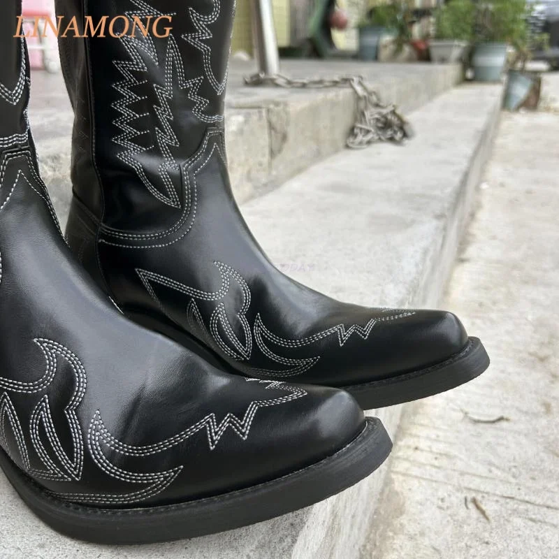 Unisex Retro Western Cowboy Boots Exquisite White Pattern Embroidery Pointed Toe Low Heel Slip On Street Travel Daily Footwear