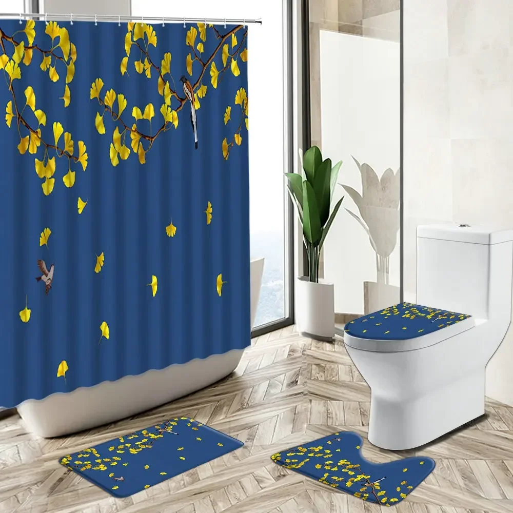 Chinese Shower Curtains ​Leafs Branch Flower Bird Design Bathroom Modern Elegant Art Non-Slip Carpet Toilet Cover Floor Mat Sets