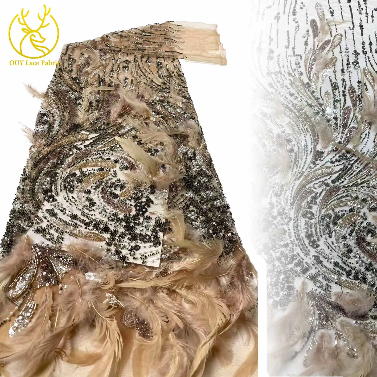 

3D Feather European Luxury Bridal Wedding Dress Lace Fabric 2025 France Nigeria Beaded Sequin Lace Fabric Wedding Material
