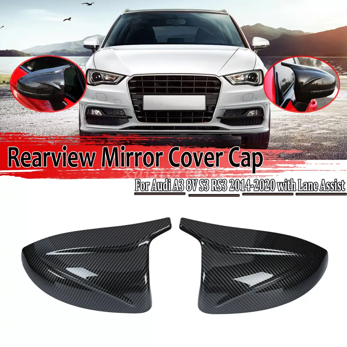 1 Pair Car Side Rearview Mirror Cap Cover Rear View Mirror Direct Replace For Audi A3 8V S3 RS3 2014-2020 w/Lane Assist Hole