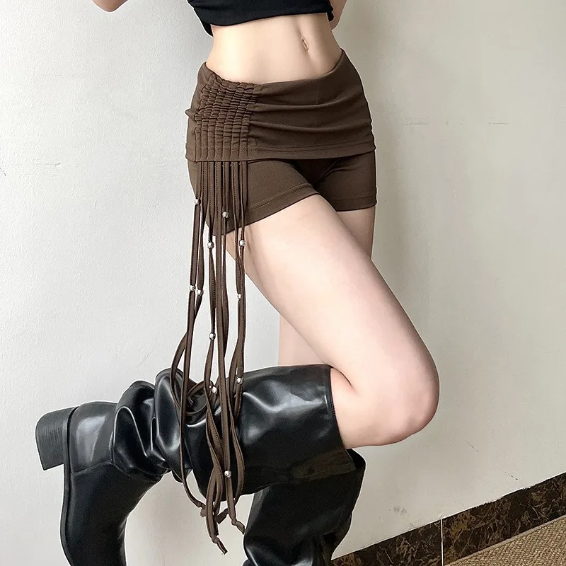 Streetwear Hot Girls Tassel Shorts Drawstring Irregular Tight Fitting Hip Pant Womens Cuffed Casual Short Pants Low Waist Summer