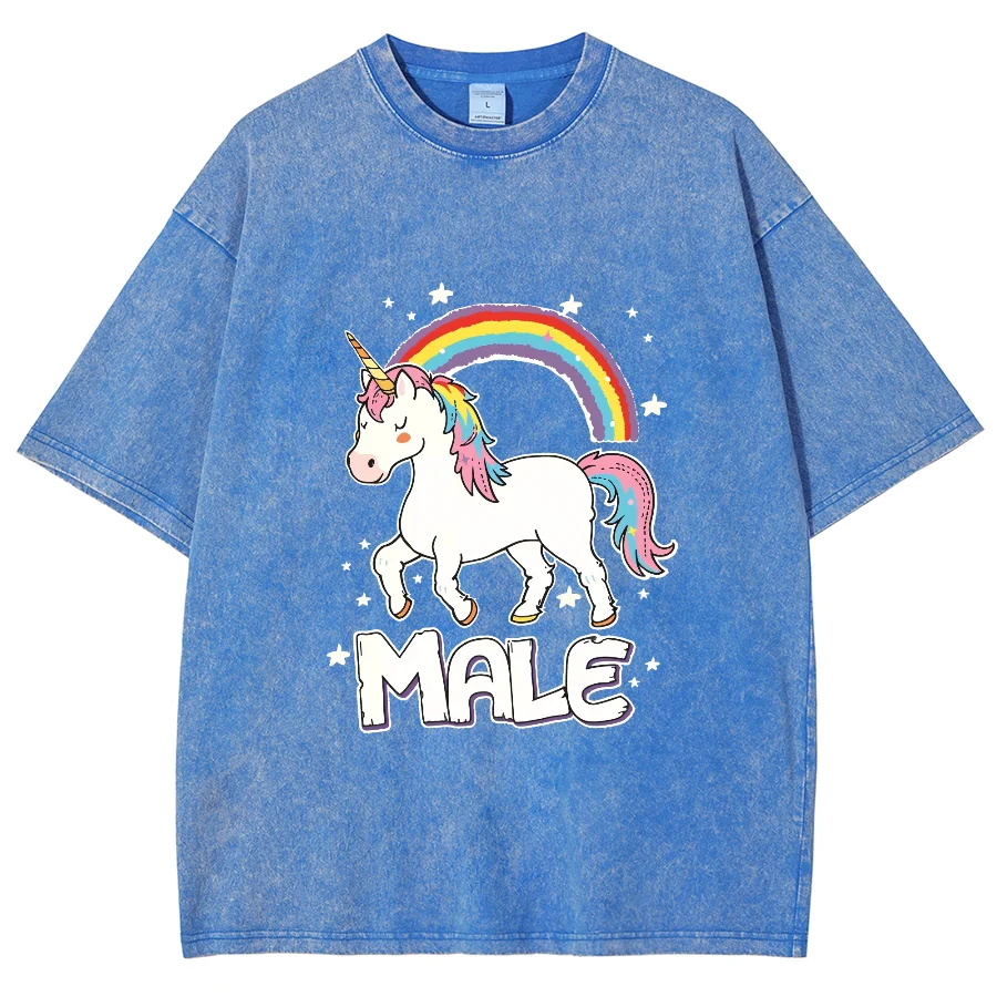 Rainbow Flower Horse β α Male, Hiphop Tops Y2K Washed T-shirt, Oversized Streetwear Vintage Washed Surf T-Shirts For Women Men