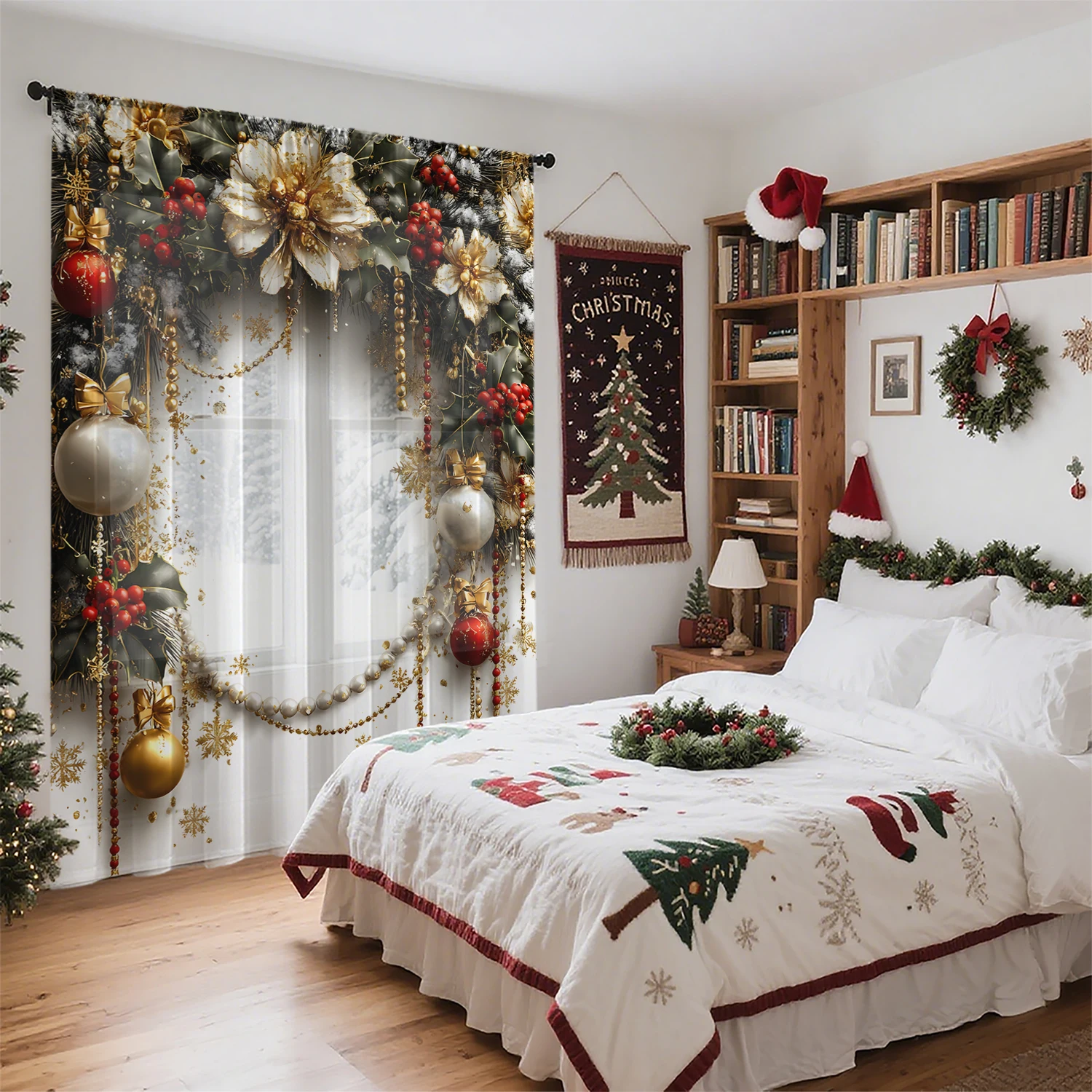1Pc Christmas Curtain Door Curtain - Christmas Floral Christmas Decoration Design, Lightweight, Breathable, Semi-Transparent 100% Polyester Material, Suitable for Living Room, Bedroom, Home and Office, Machine Washable Holiday Decoration, New Year Party Winter Decoration, Durable Material with No Extra Layers, Holiday Design, Gift Choice