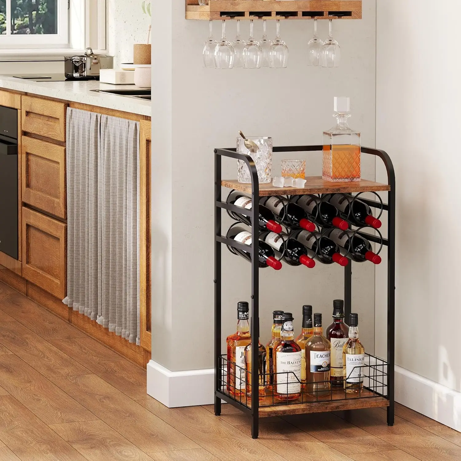 3-Tier Wine Bar Table with 8-Bottle Rack, Mini Cabinet for Whiskey Display & Storage in Living Room