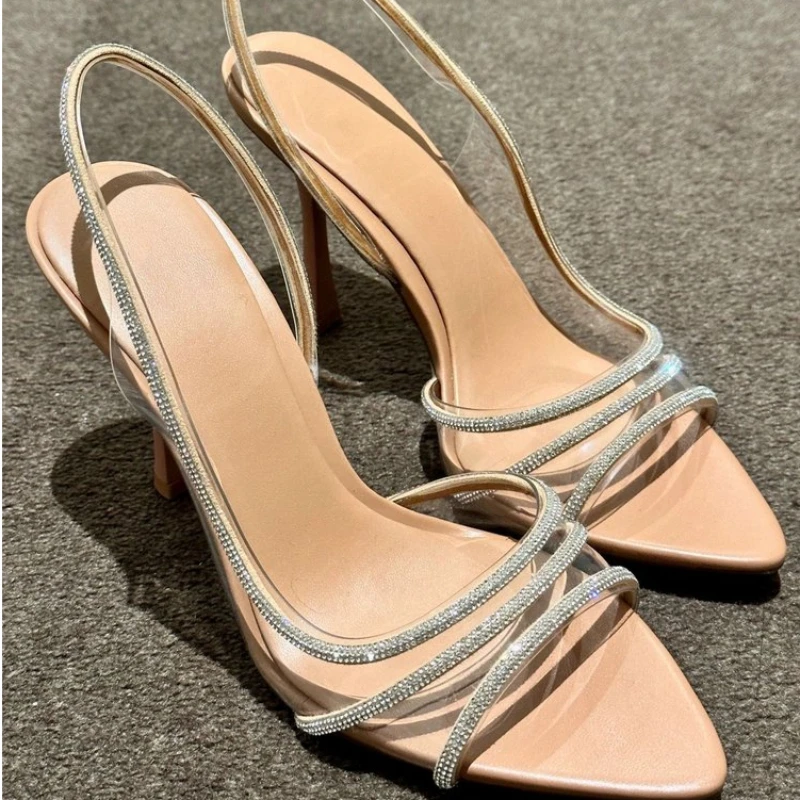 Woman 2024 Trend Rhinestone Slingback Pumps Office Lady Transparent Heeled Sandals Elegant Pointed Toe Female Sexy High Heels