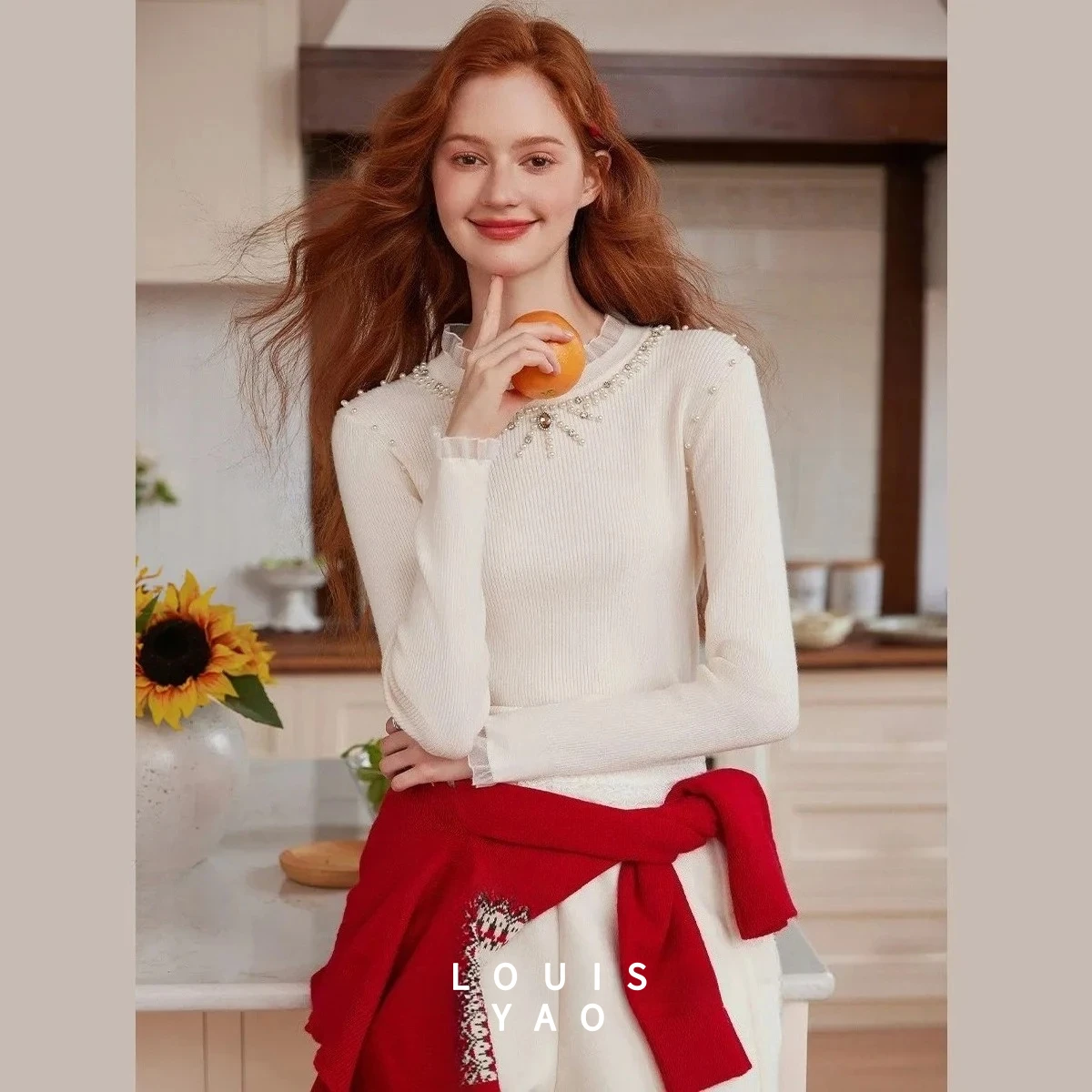 

LOUISYAO Elegant Style Slim Women's Knitwear 2025 Autumn/Winter Fashion Pullovers Splicing Nail Bead Knitted Sweater