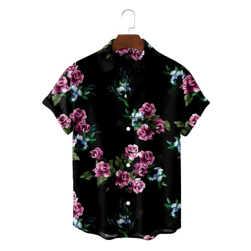 Daily Versatile Floral Shirt Navy Blue and Elegant Floral Men's Summer Short Sleeved Top