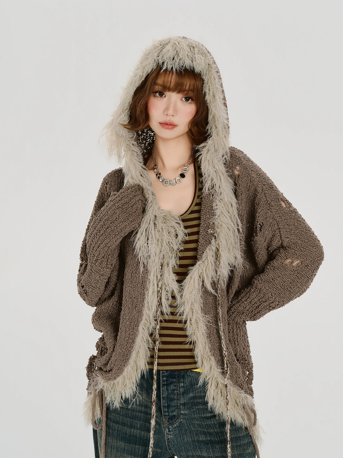 Girlyhalo American Style Vintage Hooded Ruffle Sleeve Open Cardigan Women's Autumn New Batwing Hollow out Knitwear Jacket
