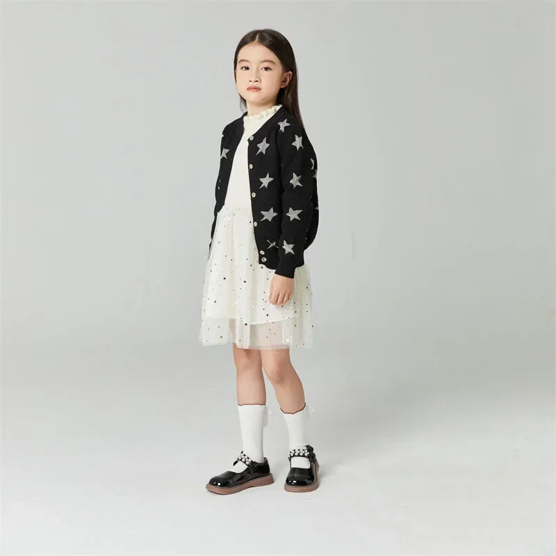 Baby Girls Knit Cardigan Sweater Stars Jacquard Crew Neck Long Sleeve Infant Knitwear Spring Autumn Kids Wearing