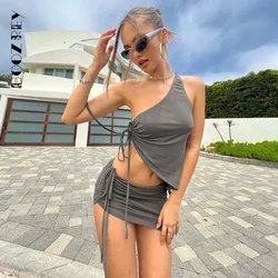 BoozRey 2022 Drawstring Dress Summer Sets Womens Outfits Sexy One Shoulder Crop Top and Mini Skirts Sets Co-Ord Club Party