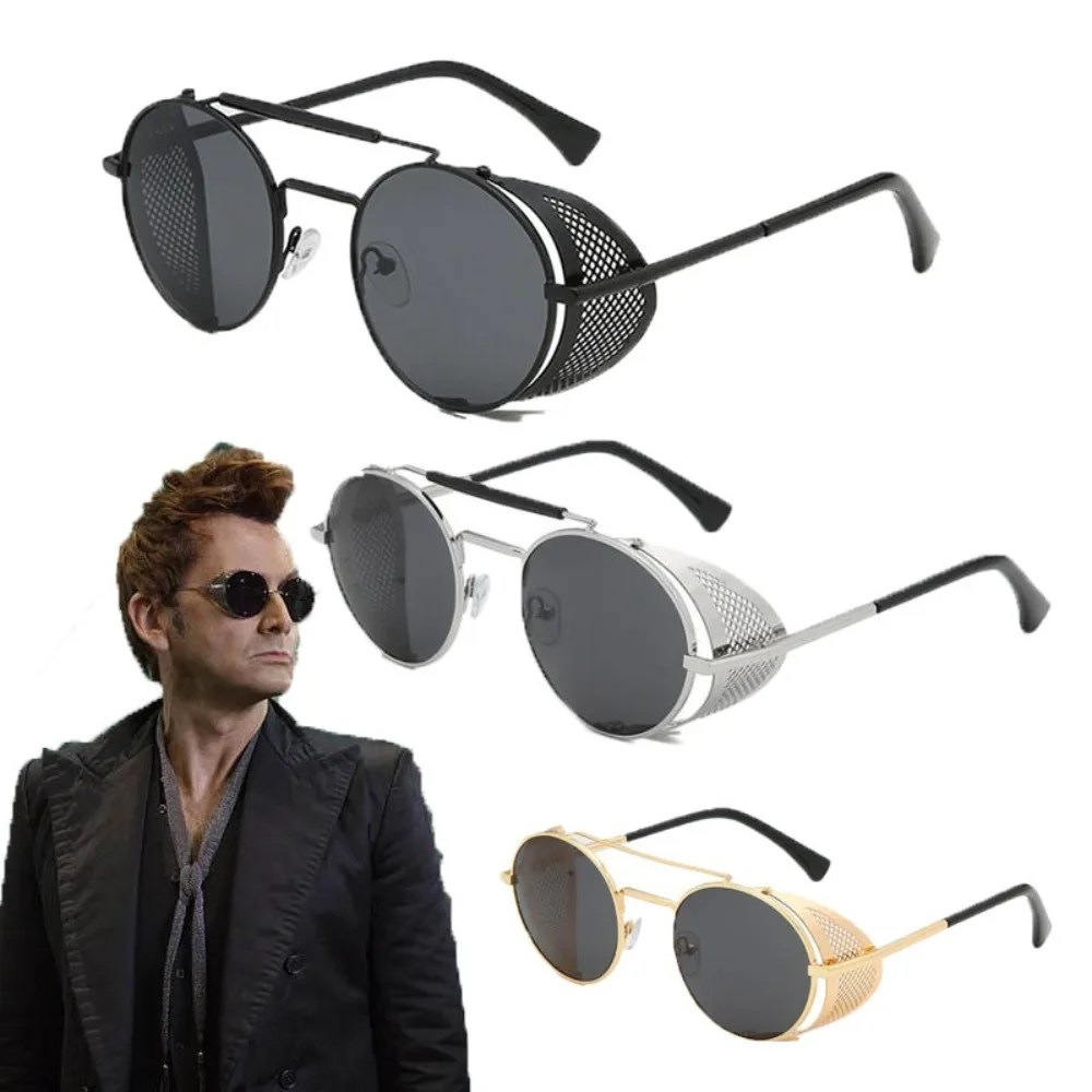 Good Omens Devil Crowley David Tennant okulary przeciwsłoneczne rekwizyty do Cosplay Retro okrągły metalowe okulary przeciwsłoneczne Steampunk mężczyzn i damskie okulary