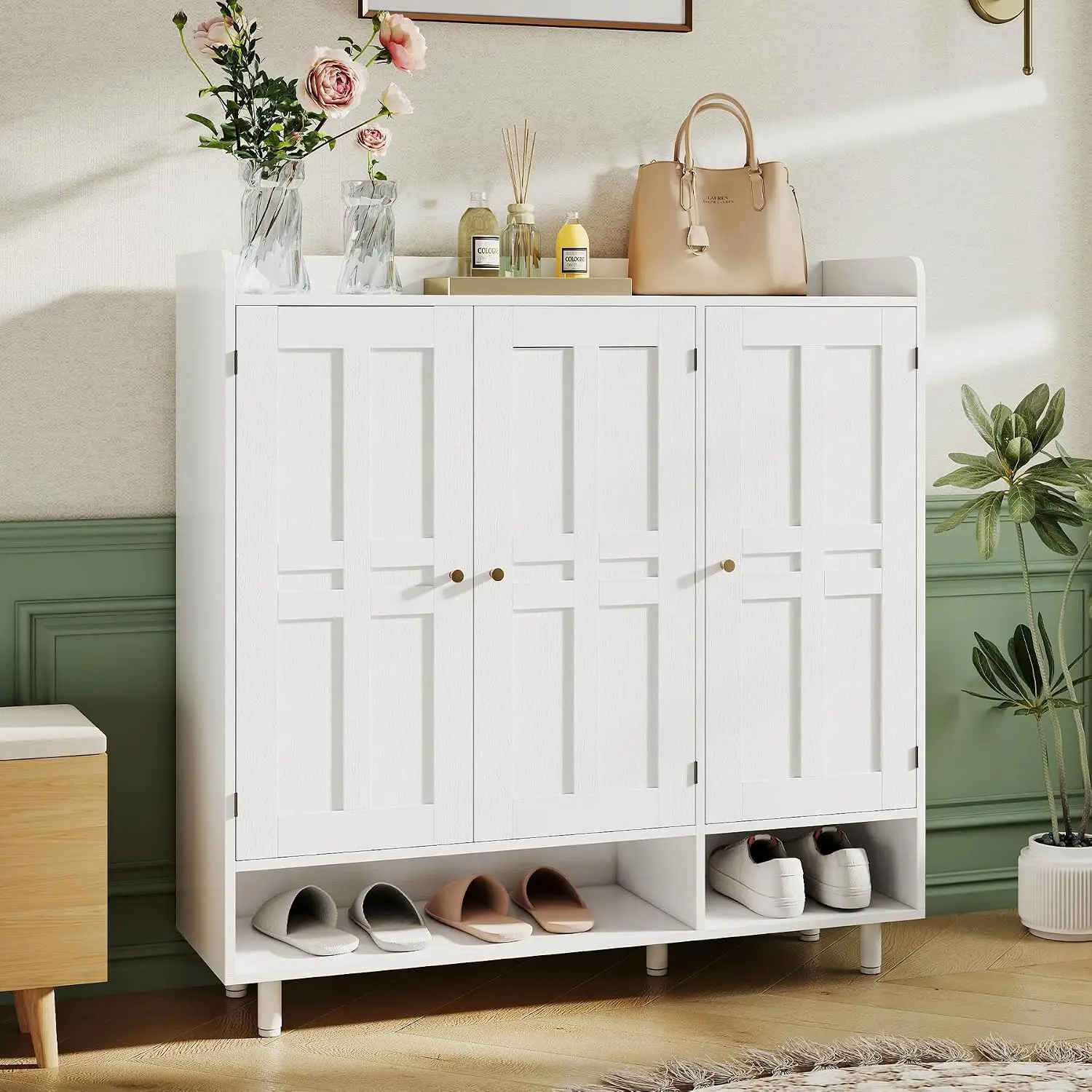 3-Door Shoe Cabinet with Adjustable Shelves, Storage for 24-30 Pairs, Organizer with Open Bottom Shelf , Customized