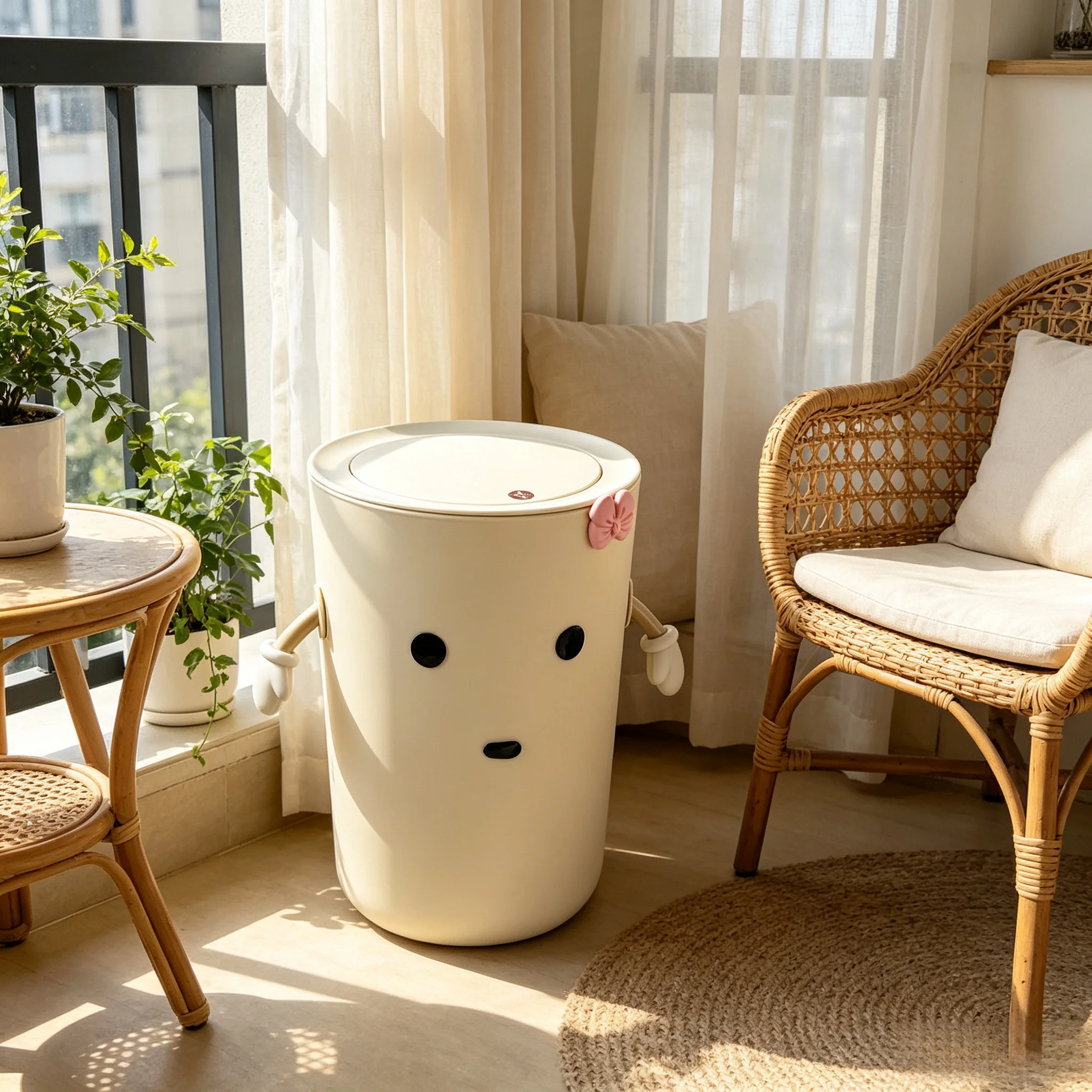 Cute Decorative Press‑Open Round Trash Can, Plastic Cartoon Waste Bin with Movable Hands & Bow Ornament, Stylish Household Garbage Bucket for Cozy Aesthetic Room Decor