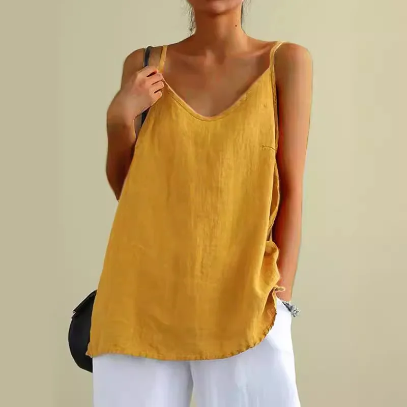 Damen Sommer-Top aus Baumwolle und Leinen, Spaghettiträger-Top, Damen Neckholder mit V-Ausschnitt, Einfarbiges Ärmelloses Tanktop, Locker Sitzendes Casual-Cami – Detail 3