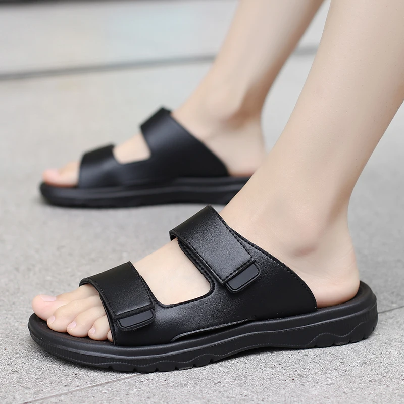 Summer Mens PU Leather Slippers Men Adjustable Slides Slippers Black Brown Lightweight Slipper Size 38-48 Dropshipping