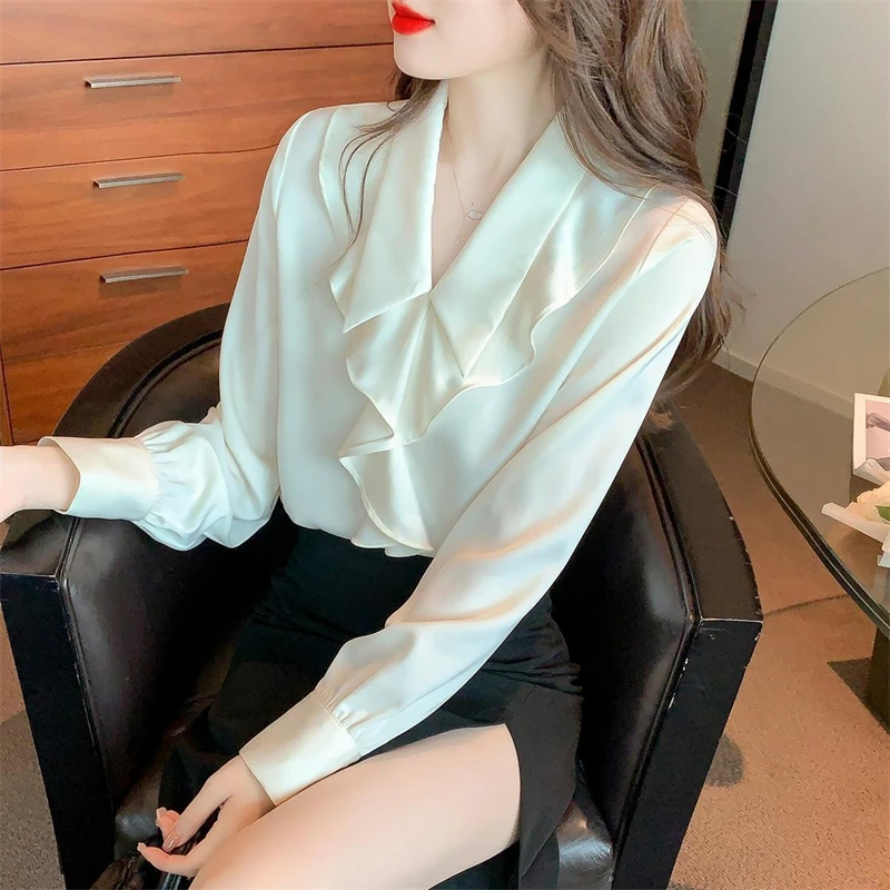 Korean Fashion Ruffle Luxury Elegant Blouse Spring Office Lady Business Casual Shirt Solid Long Sleeve Loose Tops Chiffon Blusas