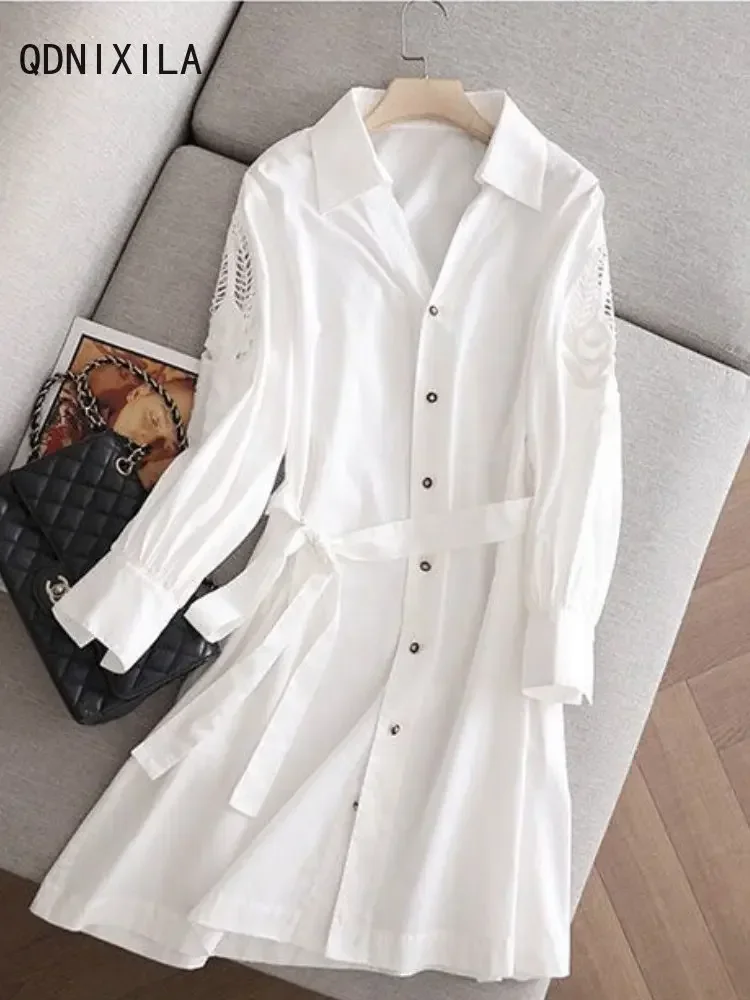 Women\'s Dress Hollow Out Design White Dresses Long Sleeve Shirt Summer Dress One Piece Dress Elegant and Pretty Women\'s Dresses