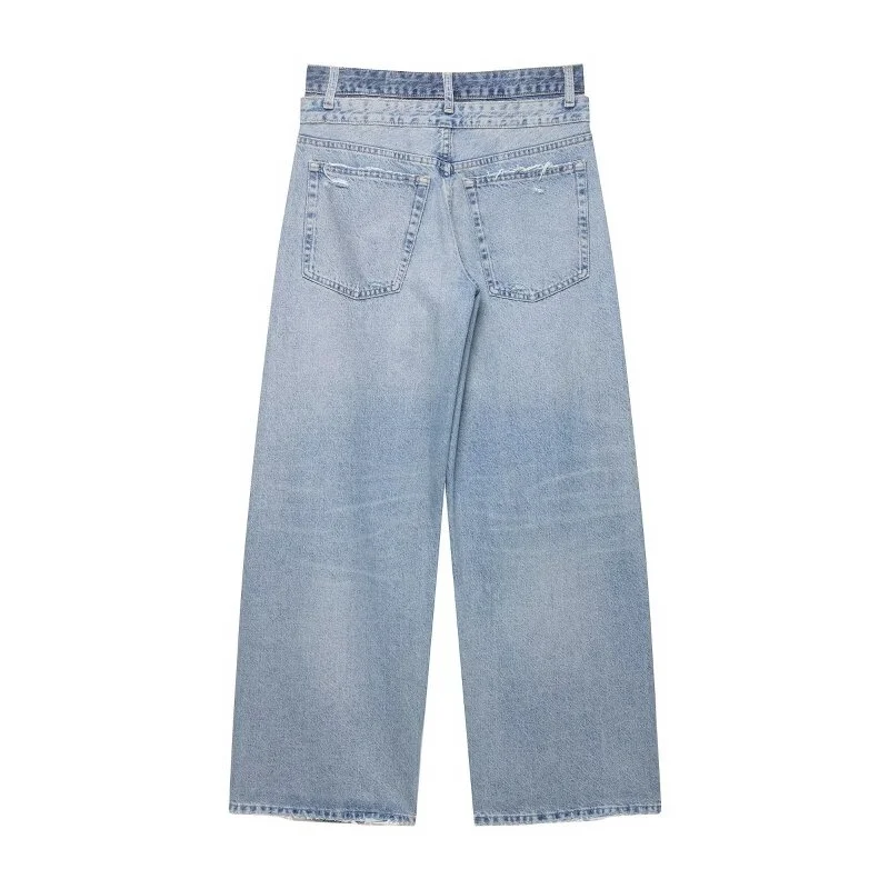 2026 New Arrival Women's Double Waistband Distressed Jeans Y2K Grunge Ripped Wide Leg Denim Pants Spring Streetwear Baggy Trouse