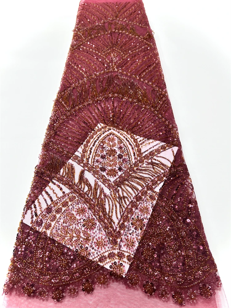 

2025 Beautiful Nigerian Sequins Party Lace African Beads Lace Fabric High Quality 5Yards African French Tulle Net Lace Wedding