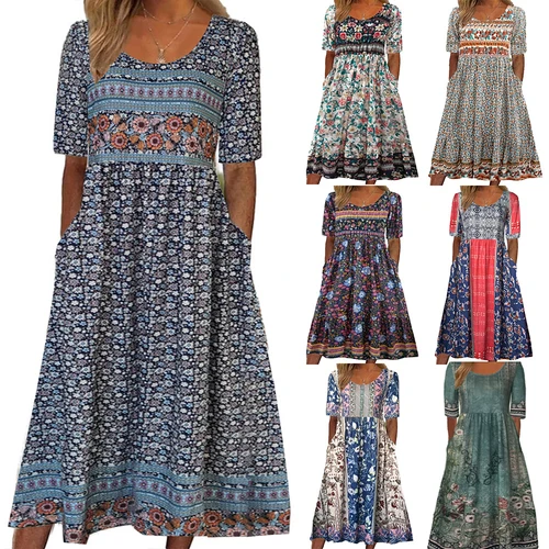 NOVEDAD DE VERANO 2025, vestido largo bohemio holgado con estampado de moda y cuello redondo y manga corta para mujer