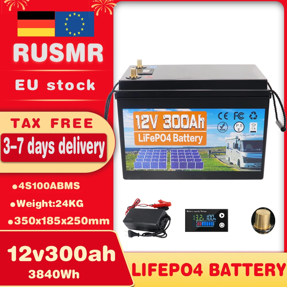 12V 300Ah 200Ah LiFePO4 Lithium Iron Phosphate Battery Built-in BMS 10000 Cycles For RV Campers Golf Cart Solar Storage +Charger