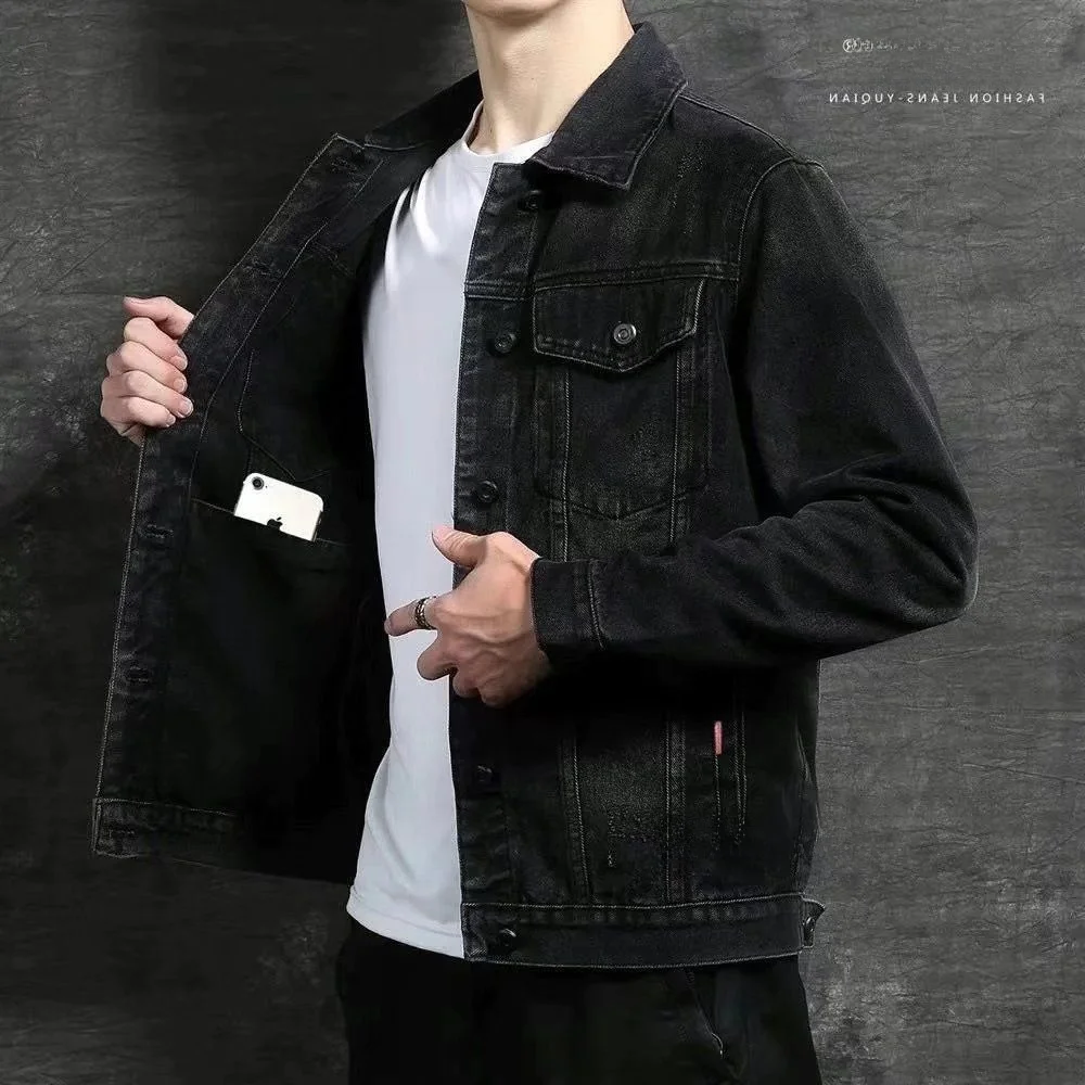 

Men's Bla Denim Jaet Casual Slim Fit Workwear Multiple kets Faionable Korean Sle Spring Autumn Winter Outerwear