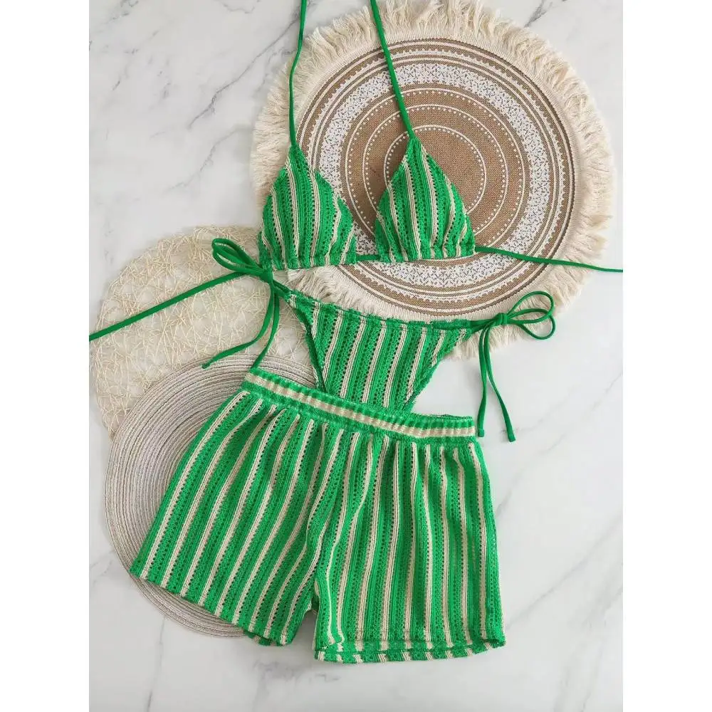 

Cikini 3pcs Bohemian Crochet Fabric Drawstring Swimwear Coverup Bikini Set For Summer Beach Vacation