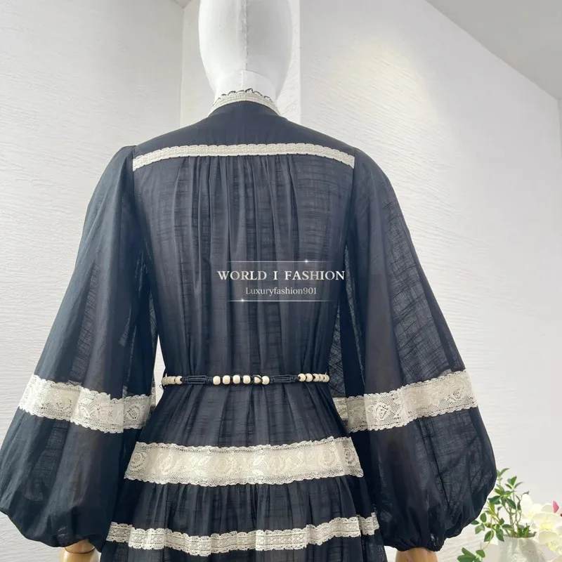 أسود أبيض طويل فانوس كم الدانتيل المرقعة ميدي فستان الخريف أحدث فساتين النساء 2025 موضة أنيقة #6