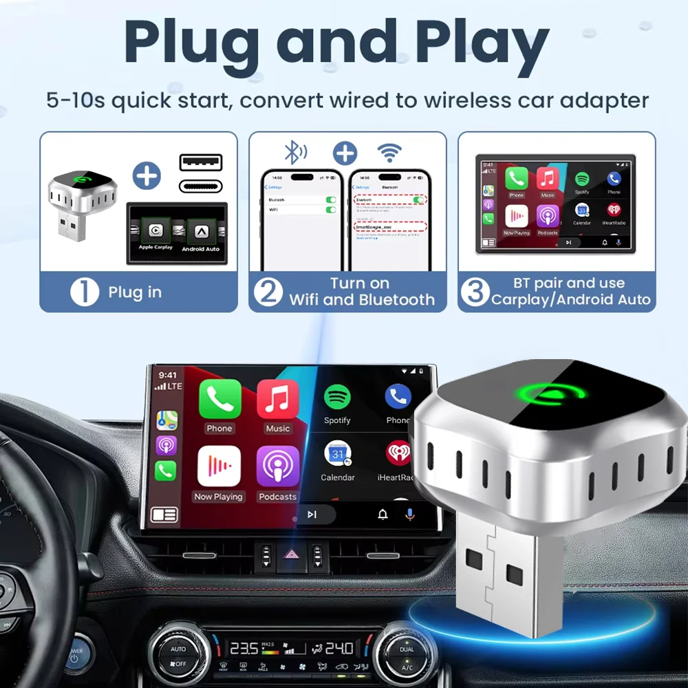

Беспроводной адаптер Carplay 2 в 1, беспроводной Android auto Mini Dongle Bluetooth Plug & Play для Toyota Volvo Hyundai VW Audi Kia MG Benz