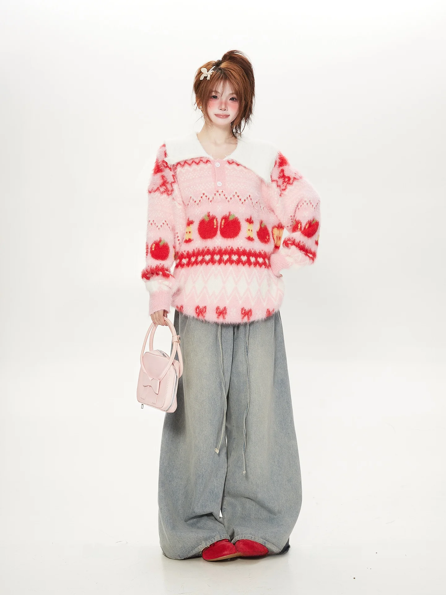 Soft Sweet Pink Strawberries Patterned Knitted Sweater Women's Autumn Winter  Collar Faux Mink Velvet Loose Fit Long Slee...