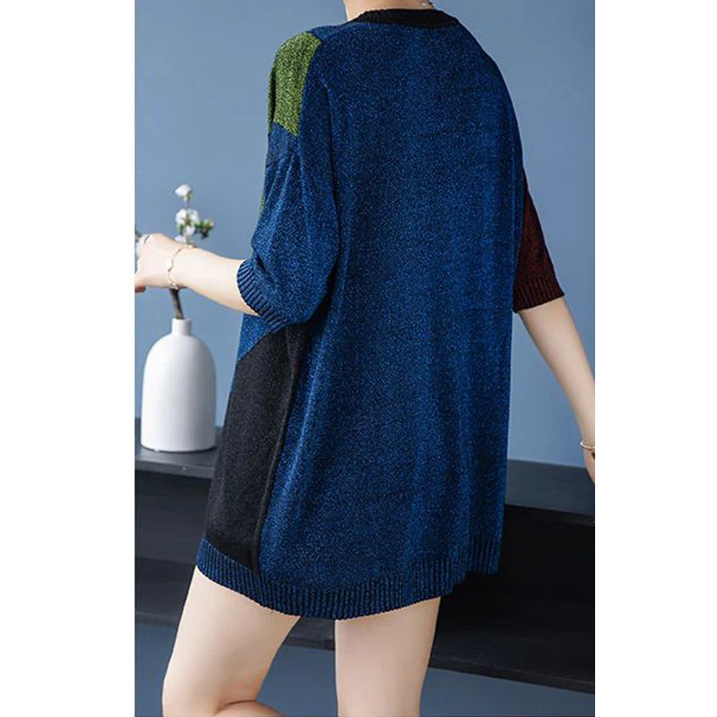 Elegant Fashion Contrast Color Patchwork V Neck Half Sleeve Pullover Knitwears Women 2023 Spring Summer Loose Tunic Ladies Tops