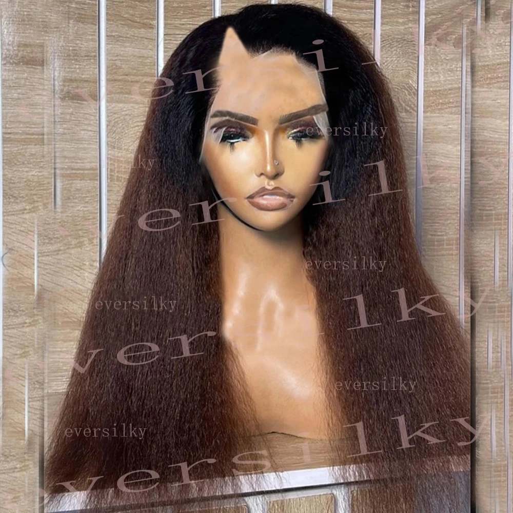 

Easy Wear Ombre Chestnut Brown Kinky Straight 1x4 Size V Part Wigs 100% Remy Human Hair Full Machine Made U Shape None Lace Wig