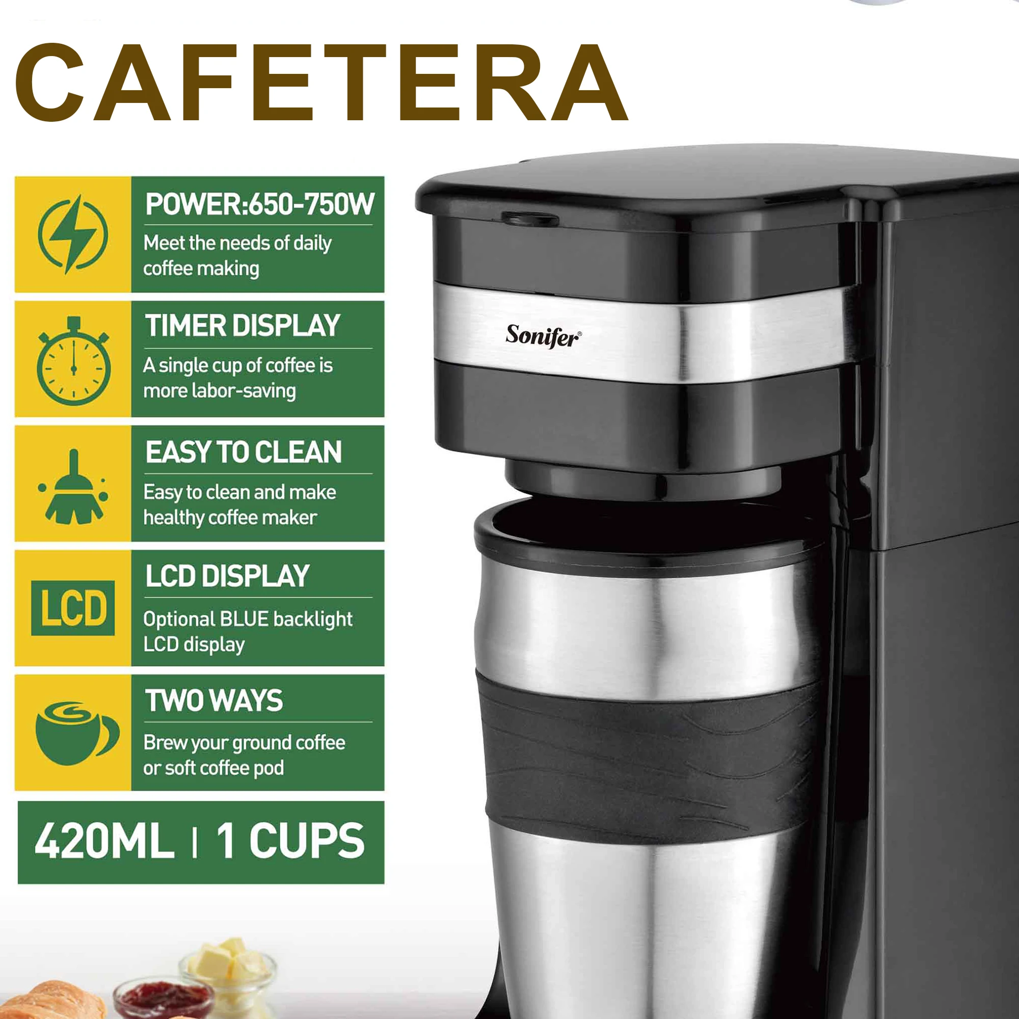 Sonifer-cafetera de goteo con filtro LCD y temporizador, máquina de café doméstica de 750W, taza de automóvil de 15cm, 0,42 L