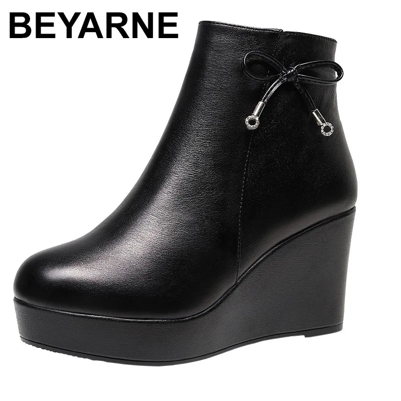 

6 8cm Small Size 34-43 Fashion Comfortable Soft Leather Platform Wedges Shoes Winter Boots Med Heels Ankle Botas Office Mom