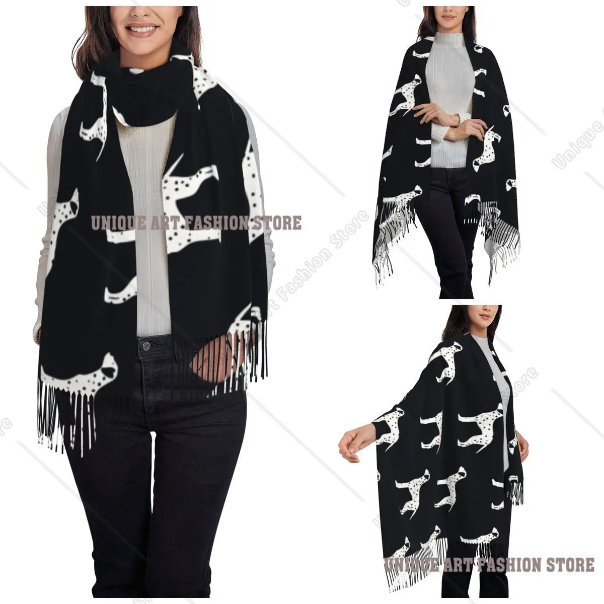Women's Tassel Scarf Dalmatian Dog Animal Lover Long Soft Warm Shawl and Wrap Cute Cartoon Gifts Cashmere Scarf