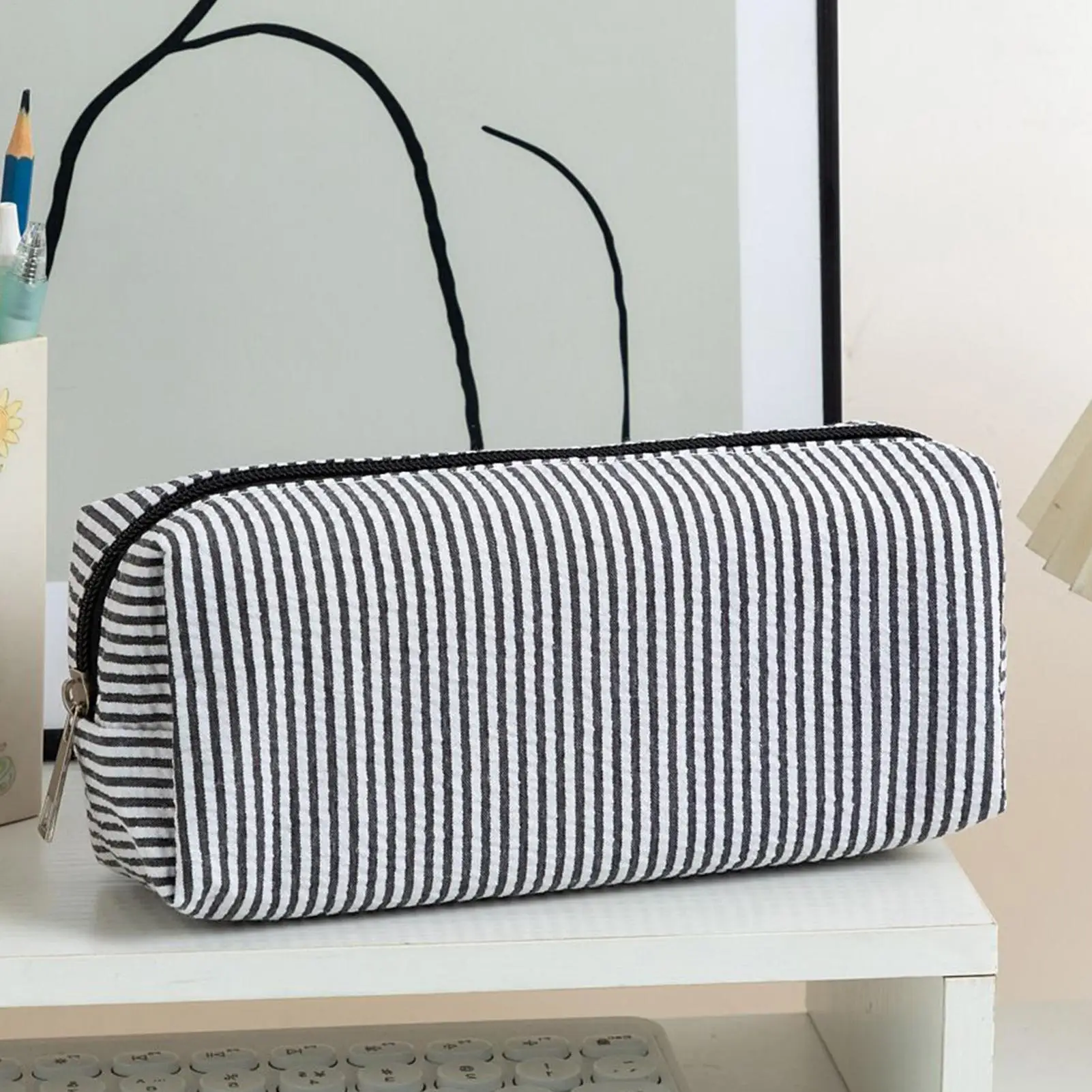 Seersucker Embroidered Pencil Case Stationery Organizer Pouch Teens Students Kids Classroom College Desk Art Class Essential