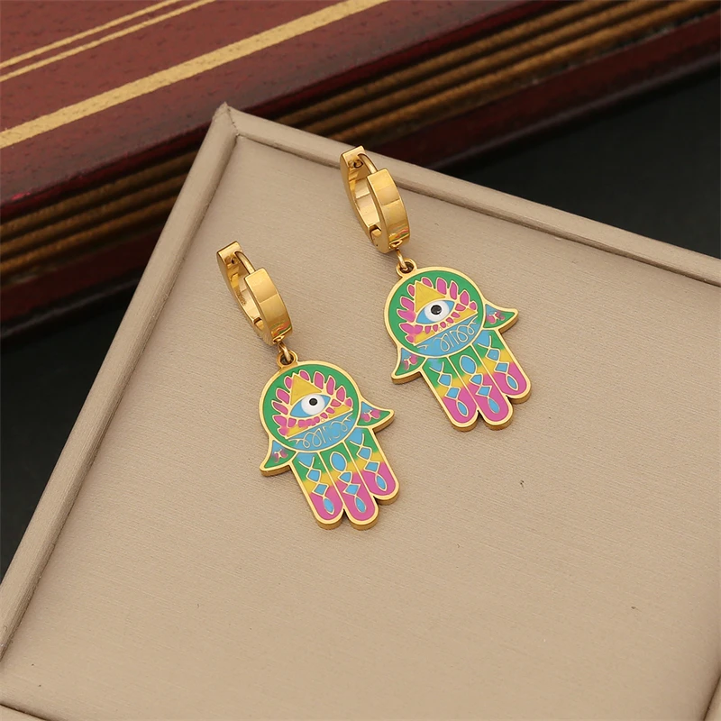 316L Stainless Steel New Fashion Fine Jewelry Colorful Paintings Eyes Palm Charm Chain Necklaces Bracelets Earrings For Women
