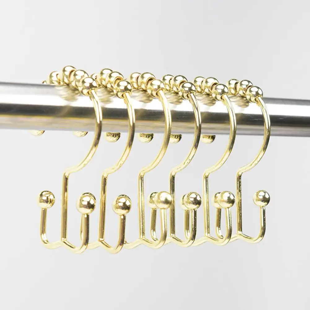 12pc Metal Shower Curtain Rings Metal Shower Curtain Hooks Set For Bathroom Rust Proof Double Rings With Beads Gold Shower Liner - view 5