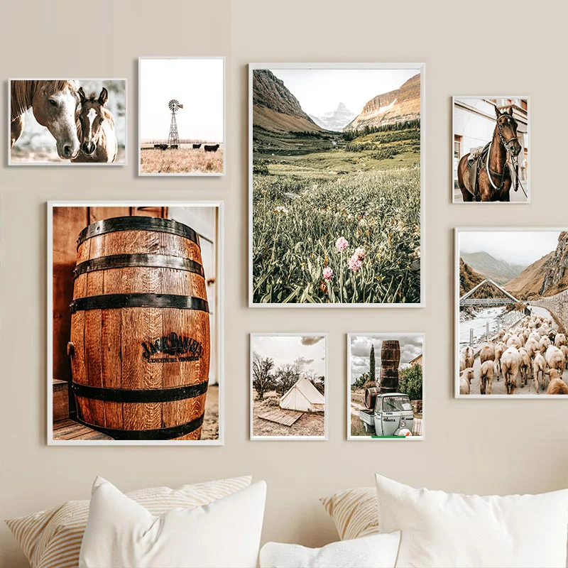 Nordic Farm Straw Bale Landscape Posters Farmhouse Cow Horse Animal Wall Art Canvas Painting for Living Room Home Decor Pictures