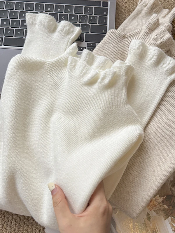 Stylish Lace Trim Half High Collar Long Sleeve Women's Base Shirt Autumn Winter Inner Wear Sweater  Style Knitted Top