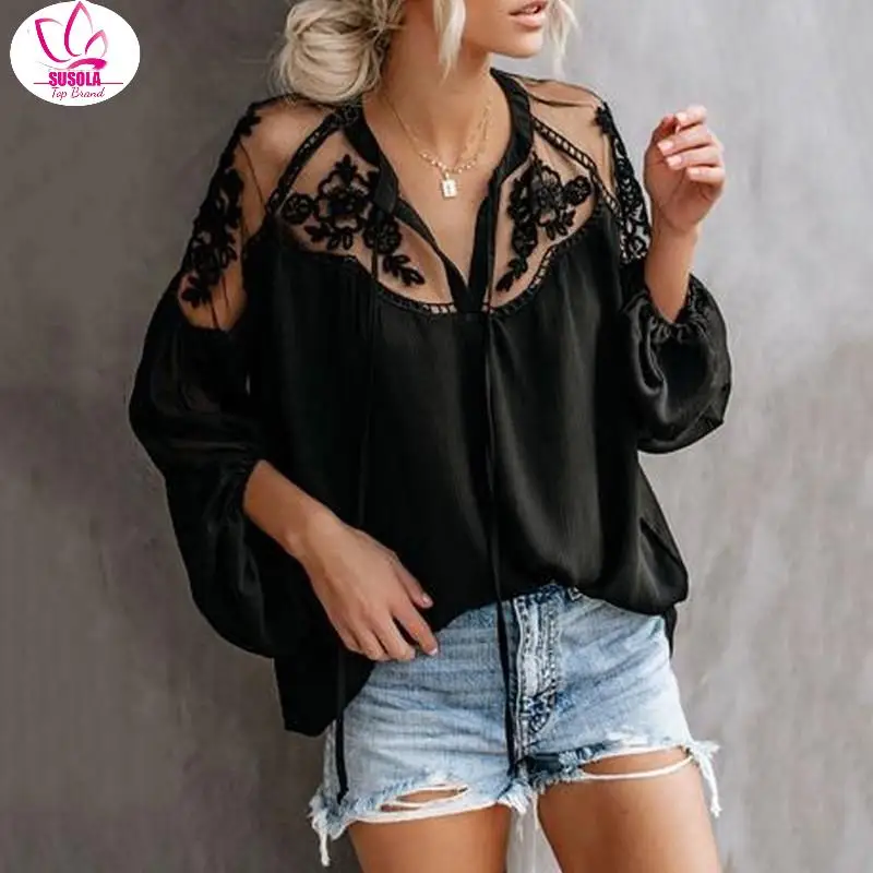 SUSOLA Lady Chiffon Women's V-Neck Casual Lace Mesh Stitching Long Sleeve Blouses with Lanern Sleeve Tops