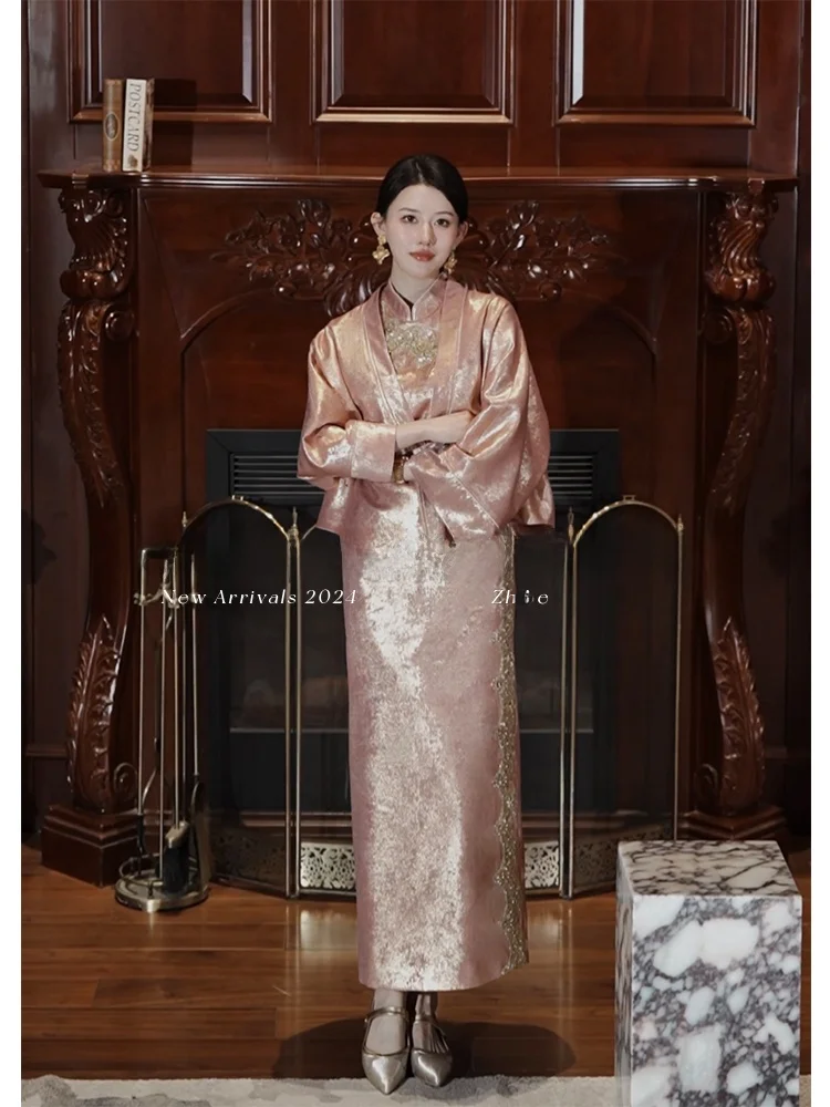 

Ele новый китайский халат с тяжелой вышивкой и флагом, улучшенный джет, роскошная накидка, длинное полиэфирное волокно с низким разрезом