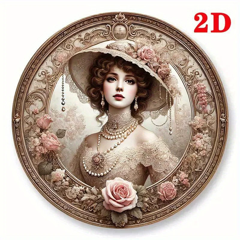 2D Flat - 1pc Elegant Victorian Floral Decorative Plate - Round 2D Wall Art with Romantic Lady Design, Iron Material, Perfect fo